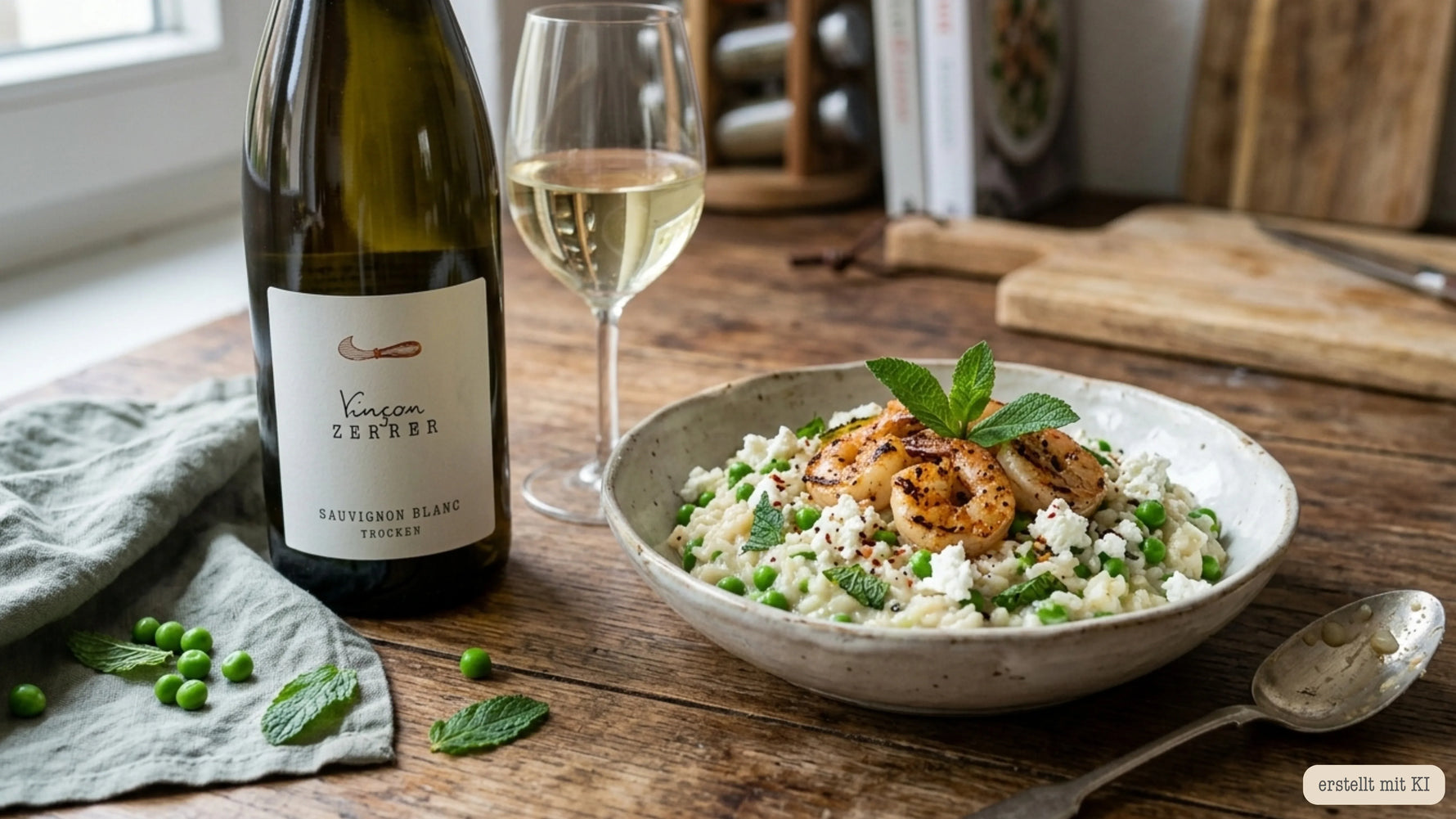 Garnelen auf Erbsen-Minz-Risotto