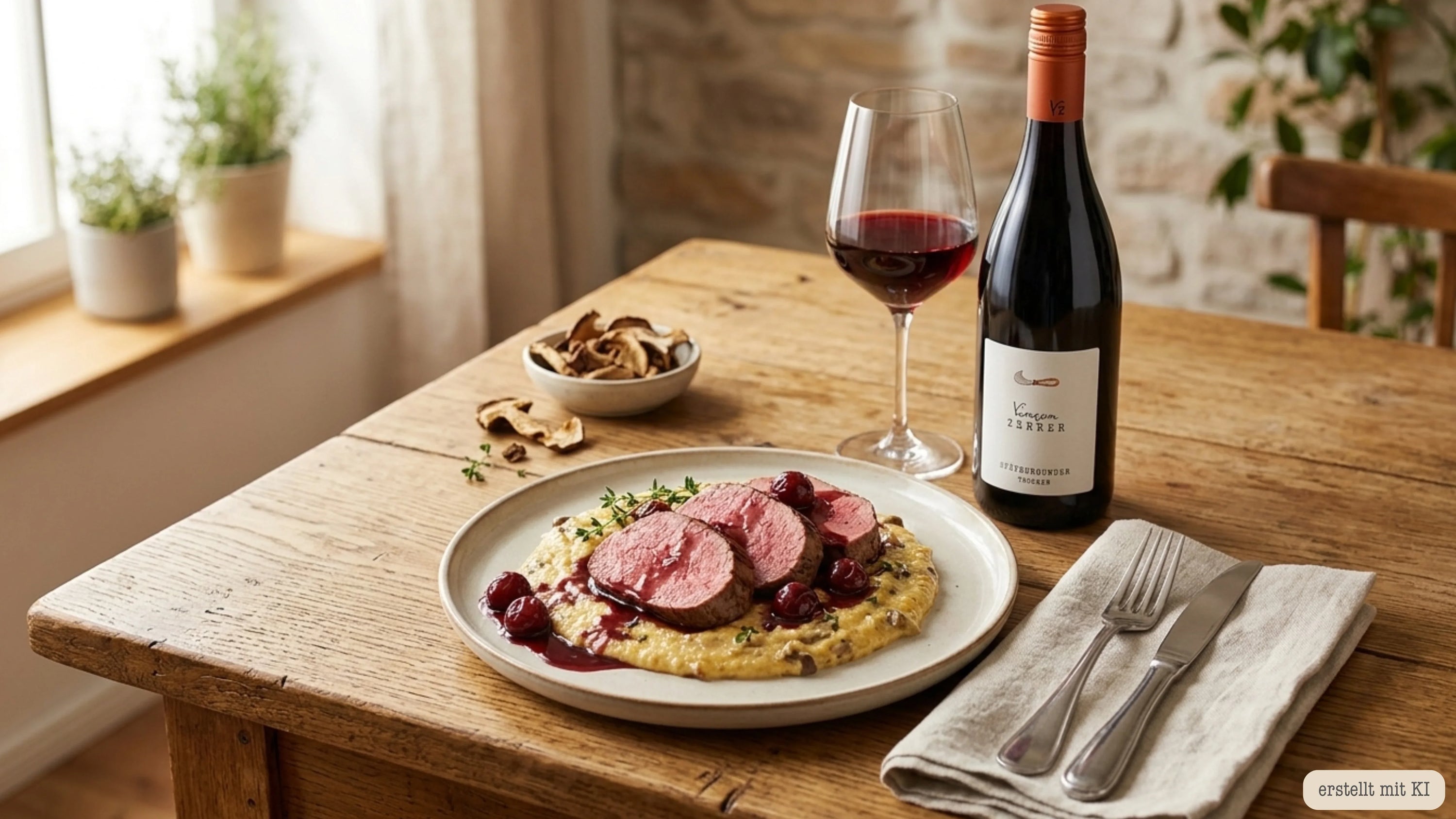 Kalbsfilet mit Kirsch-Jus und Steinpilz-Polenta