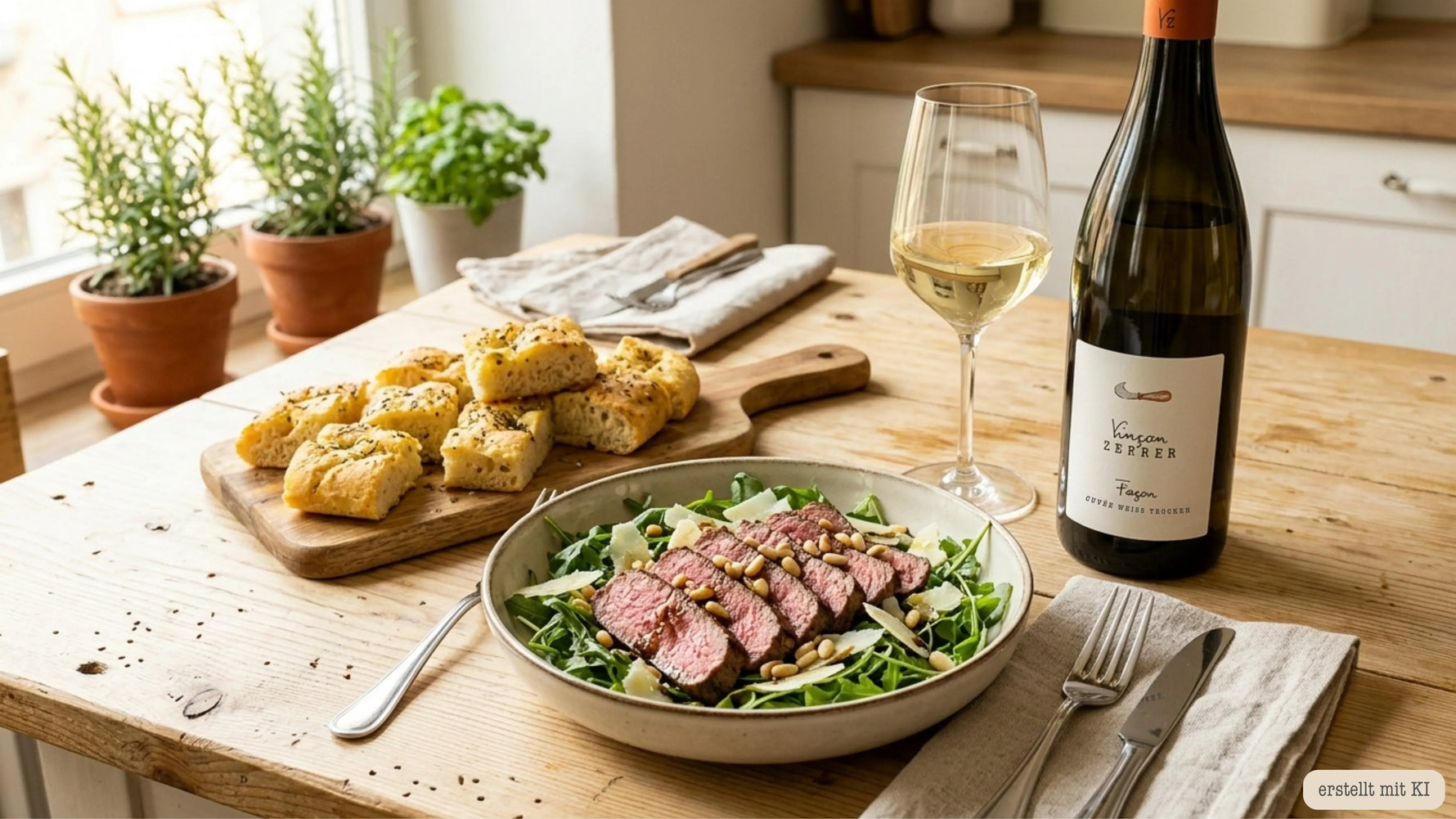 Rinderfilet auf knackigem Rucola-Salat mit Parmesan-Biss & Knusper-Focaccia