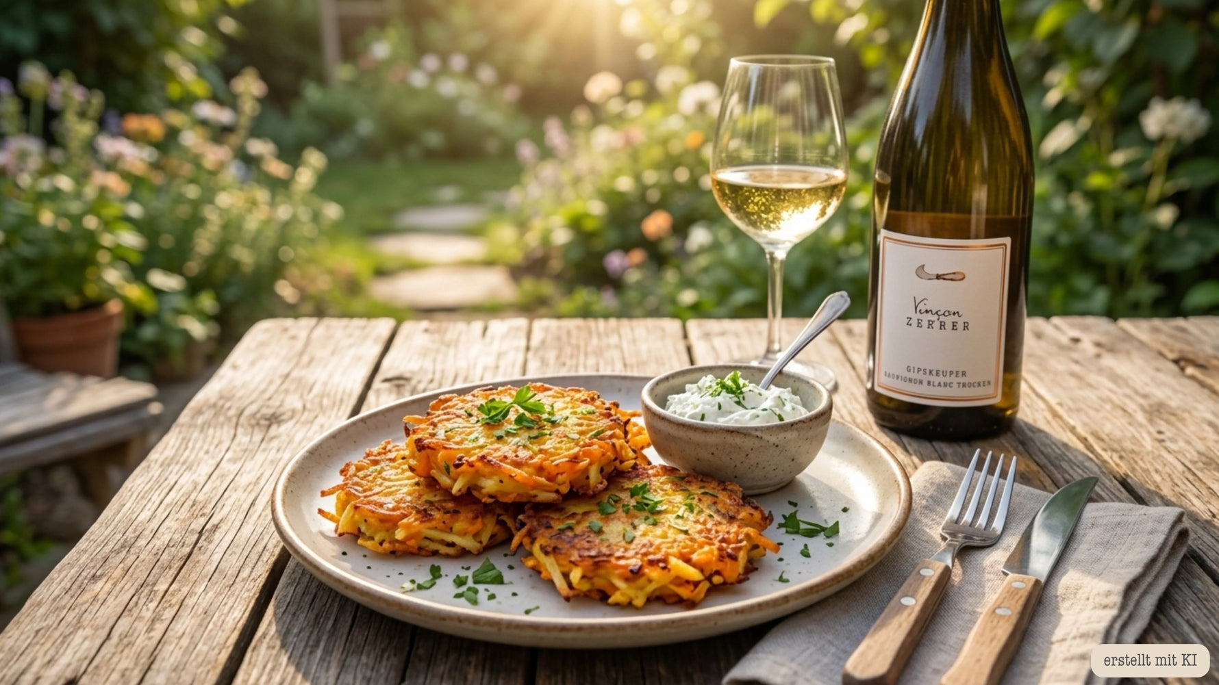 Knusprige Kartoffel-Möhren-Puffer mit Ziegenkräuter-Dip