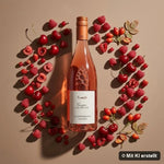 Liegende Roséflasche umgeben von Erdbeere, Himbeere, Kirsche und frischem Gras (mit KI erstellt)