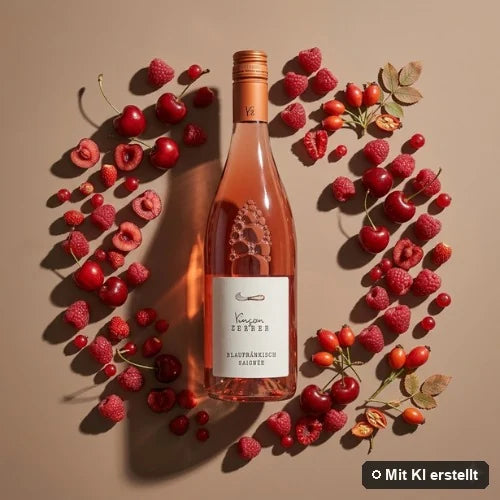 Liegende Roséflasche umgeben von Erdbeere, Himbeere, Kirsche und frischem Gras (mit KI erstellt)