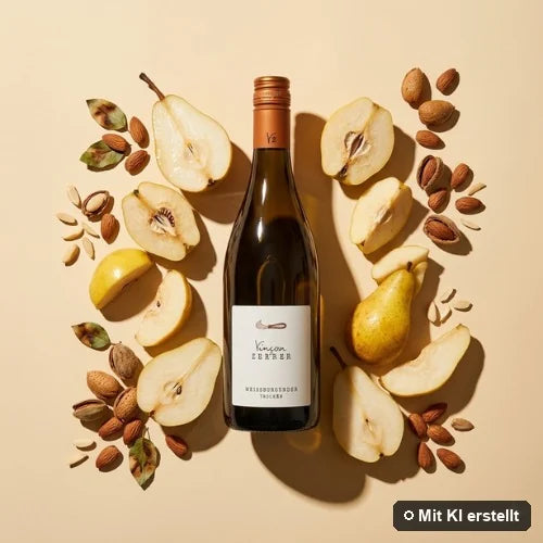 Liegende Flasche Weißburgunder trocken umgeben von Birne, Quittengelee und Mandel (mit KI erstellt)