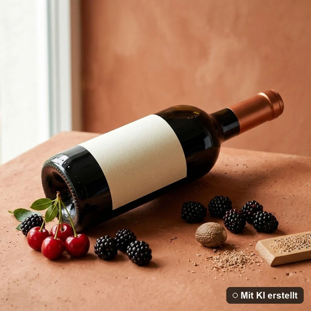 Liegende Flasche Trollinger mit Lemberger umgeben von Kirsche, Brombeere und Muskatnuss (mit KI erstellt)