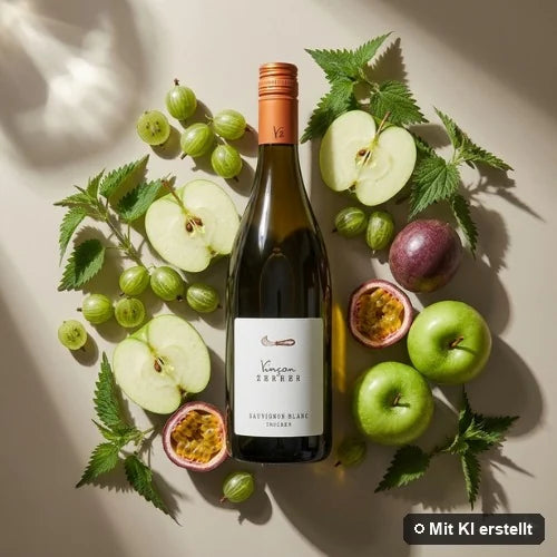 Liegende Flasche Sauvignon Blanc umgeben von Stachelbeere, grünem Apfel und Passionsfrucht (mit KI erstellt)
