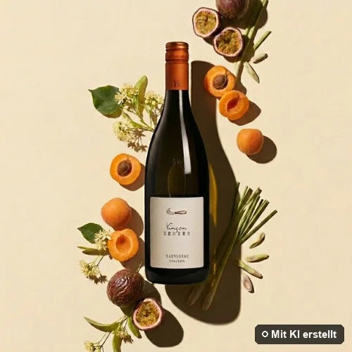 Liegende Flasche Sauvignac umgeben von Passionsfrucht, getrockneter Aprikose, Limette und Zitrone (mit KI erstellt)