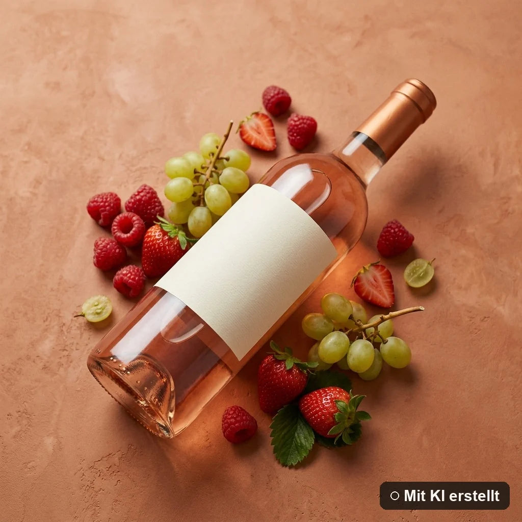 Liegende Flasche Traubensecco alkoholfrei umgeben von Himbeeren, Erdbeeren und Weintrauben (mit KI erstellt)