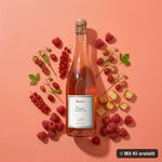 Liegende Flasche Rosé Sekt brut umgeben von Erdbeeren, Himbeeren und Zitrone (mit KI erstellt)