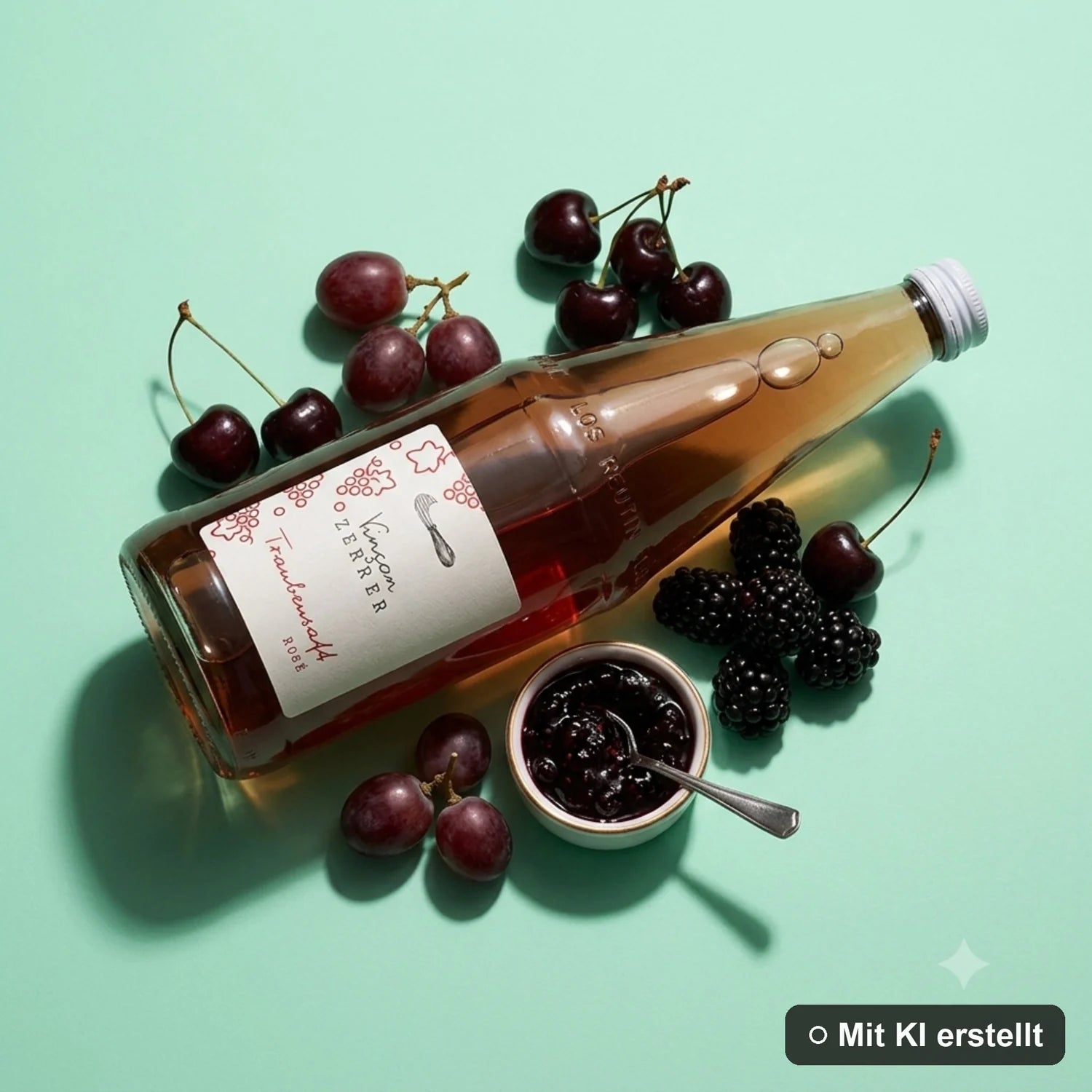 Liegende Flasche Traubensaft rosé umgeben von Kirsche, Brombeere und Weintrauben (mit KI erstellt)