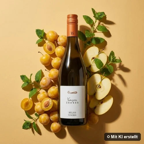 Liegende Flasche Helios Weißwein, umgeben von Apfel, Stachelbeere und Orangenblüte (mit KI erstellt)