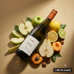 Liegende Weißweinflasche Façon Cuvée mit Birne, Apfel, Zitrone, Aprikose, Rose und Jasmin (mit KI erstellt)