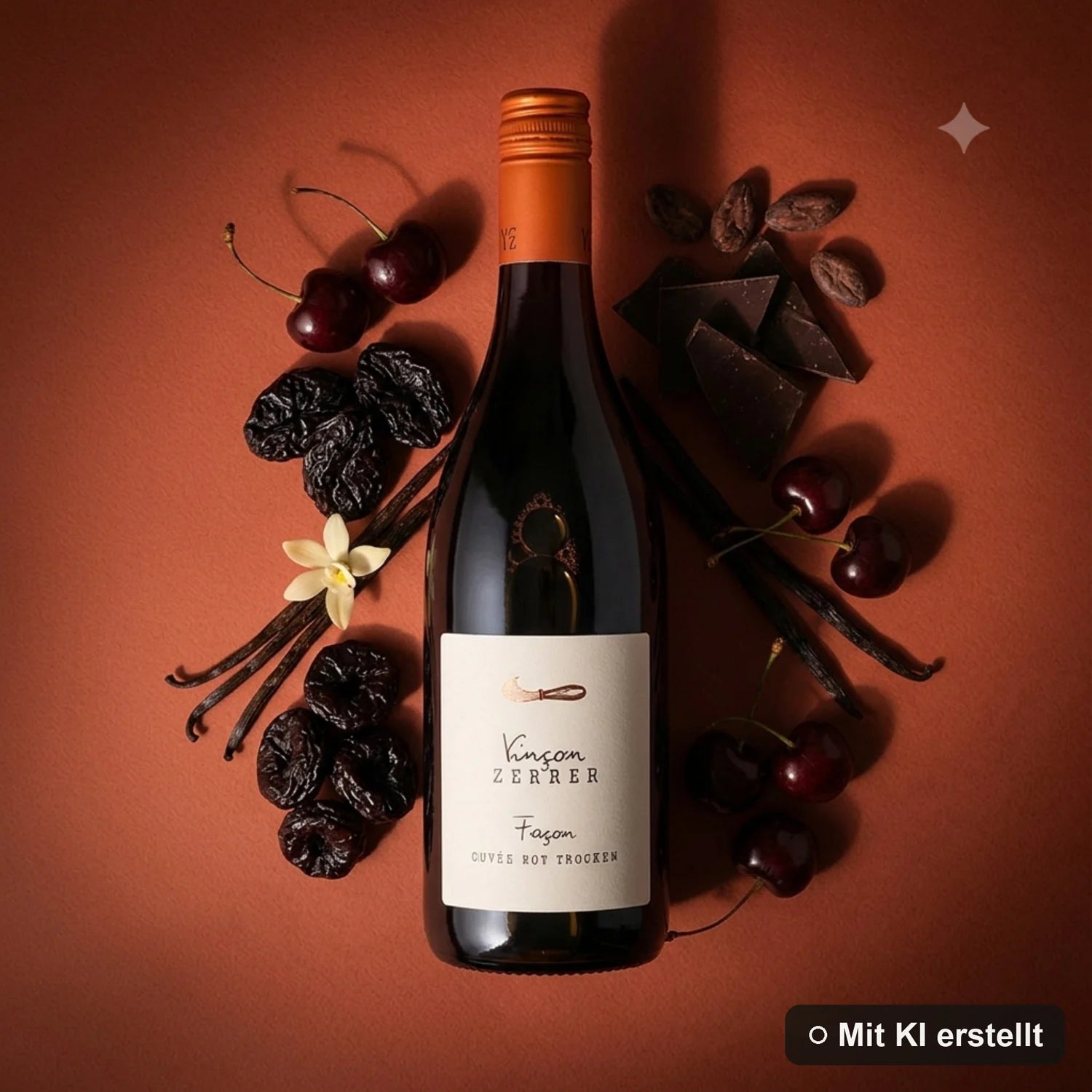 Liegende Rotweinflasche Façon Cuvée mit Kirsche, Brombeere, Vanille und Schokolade (mit KI erstellt)