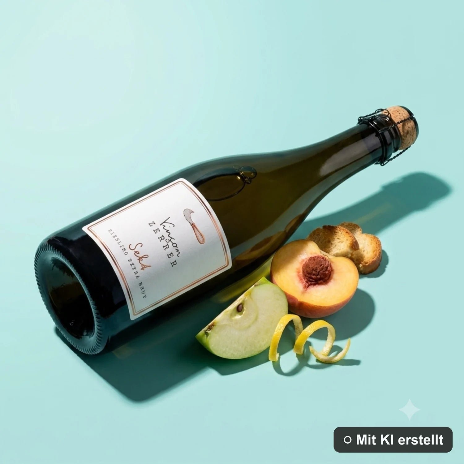 Liegende Sektflasche Riesling extra brut, umgeben von grünem Apfel, Pfirsich und Zitrone (mit KI erstellt)