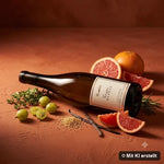 Liegende Flasche Sauvignon Blanc mit Stachelbeere, Grapefruit, Vanille und Toast (mit KI erstellt)