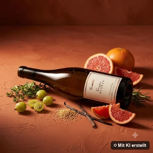 Liegende Flasche Sauvignon Blanc mit Stachelbeere, Grapefruit, Vanille und Toast (mit KI erstellt)