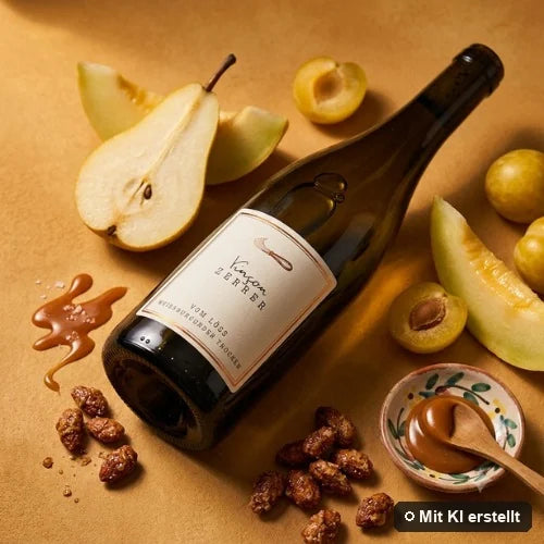 Liegende Flasche Weißburgunder mit Birne, Melone, Mandel und Toast-Aromen drumherum (mit KI erstellt)