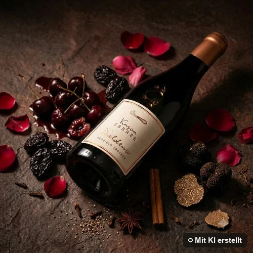 Liegende Flasche WALDENSO Nebbiolo umgeben von Kirsche, Backpflaume, Rose, Trüffel und Leder (mit KI erstellt)