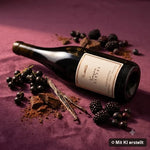 Liegende Flasche Cabernet Cuvée umgeben von Brombeere, schwarzer Johannisbeere, Tabak und Zeder (mit KI erstellt)