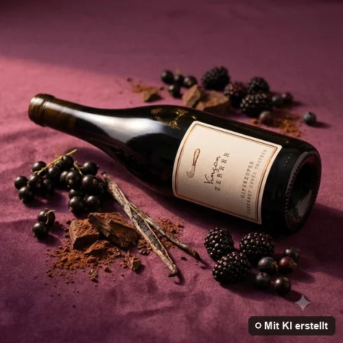 Liegende Flasche Cabernet Cuvée umgeben von Brombeere, schwarzer Johannisbeere, Tabak und Zeder (mit KI erstellt)