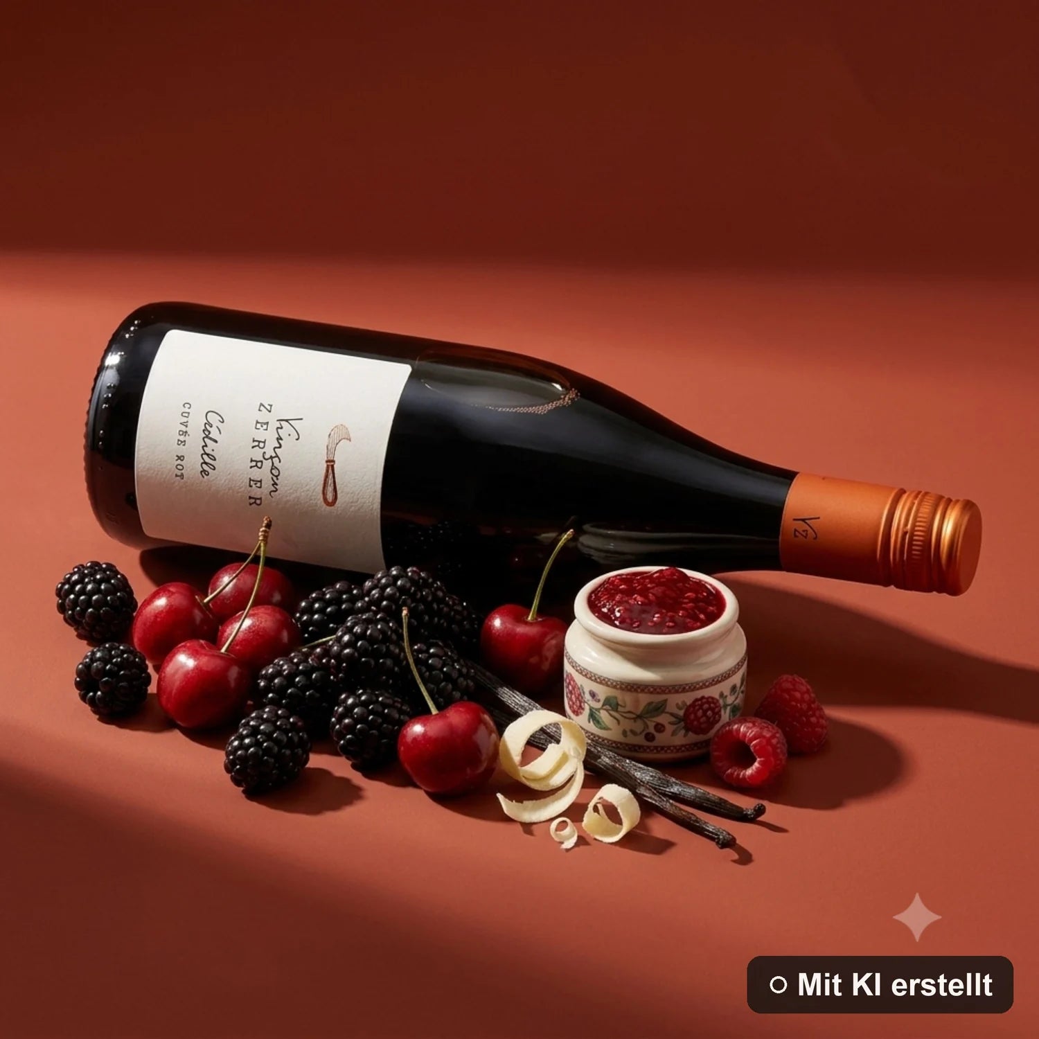 Liegende Flasche Cédille Cuvée rot, umgeben von Kirsche, Brombeere, Himbeere und Vanille (mit KI erstellt)