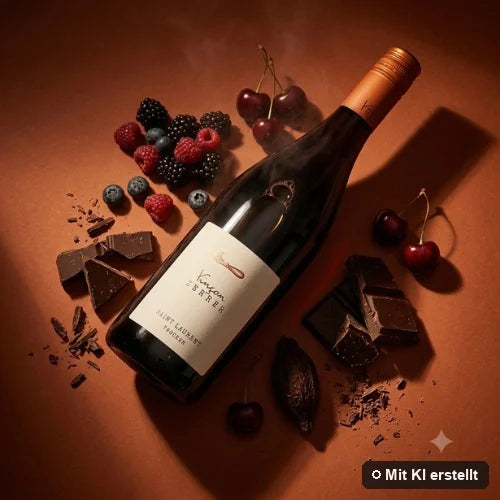 Liegende Flasche Saint Laurent umgeben von Kirsche, Brombeere und Schokolade (mit KI erstellt)