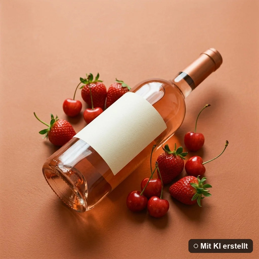 Liegende Roséwein-Flasche umgeben von frischen Erdbeeren und reifen Kirschen (mit KI erstellt)